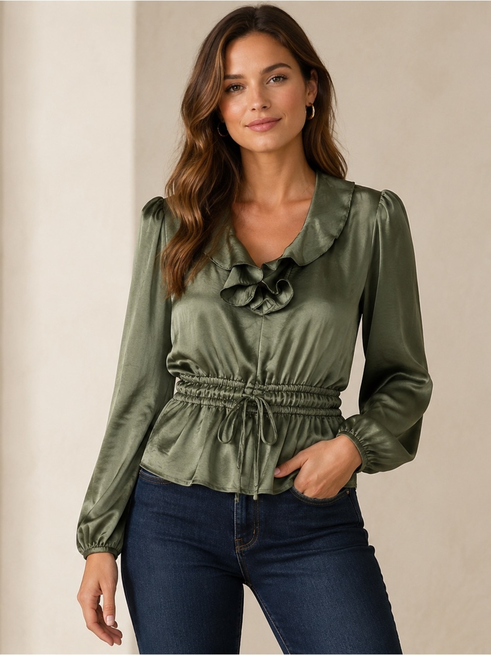 Steve Madden Olive Green Satin Ruffle-Waist Long Sleeve Top